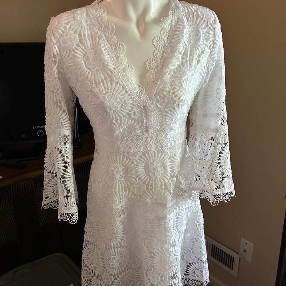 Guess White Lace Long Sleeve Dress